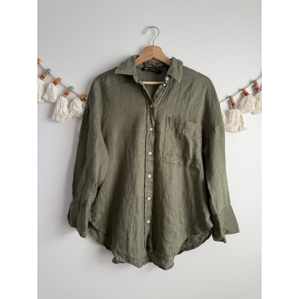 Zara 100% Linen Green Button Down 3/4 Sleeve Top Coastal Beachy Breathable XS